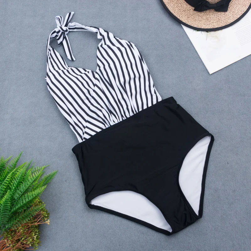 

Stripe One Piece Swimsuit V Neck Backless Halter Dot Sexy Bikini 2020 Ladies Beach Bathing High Waist Swimwear Women Monokini