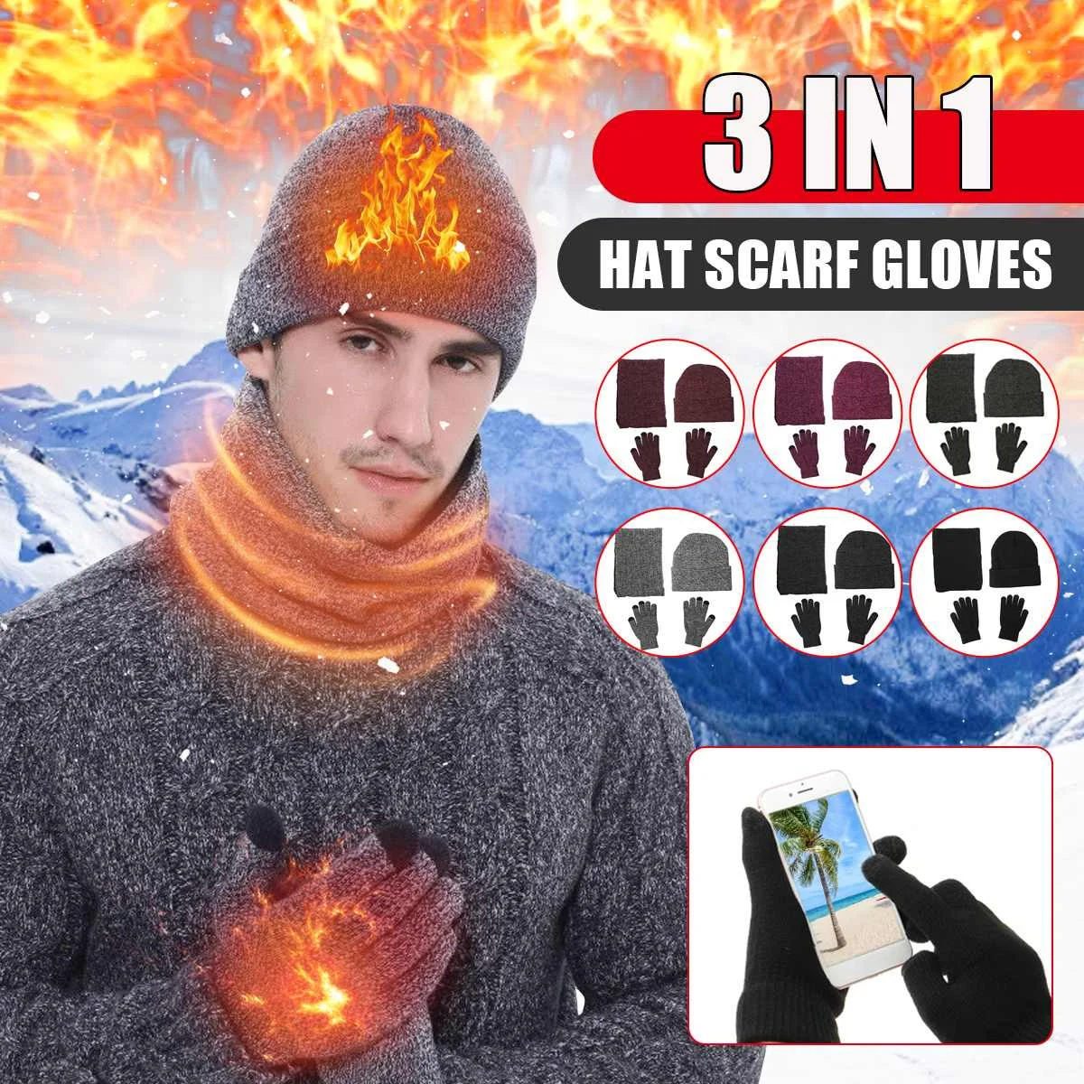 3piece/set Women Men Heating Hats Scarf Set With Gloves For Camping
