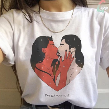 

New Love And Hell Print T-shirt Chic Harajuku Vintage Kiss Me Large Size T Shirt Loose Fashion Angel And Devil Tshirt Women Tops