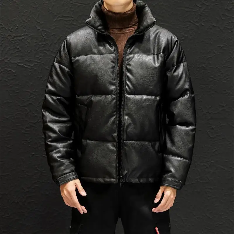 

2019 Autumn And Winter New Style PU Leather Material Thick down Coat Loose And Plus-sized Stand Collar Leather Cotton-padded Clo