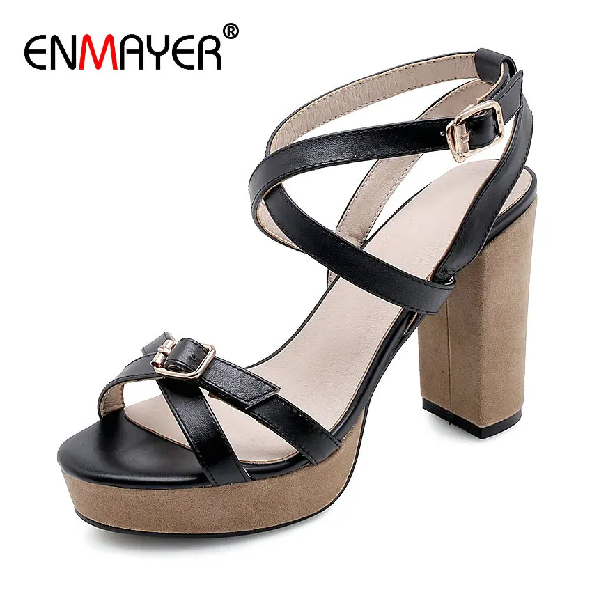 

ENMAYER 2020 New Summer Buckle Strap Casual Genuine Leather Women Shoes Basic Fashion Platform Square Heel Sandals Women