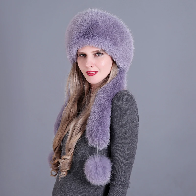 

Fox Fur Hats rex Rabbit Fur Top long fox fur scarf with Pompom Winter Female Hat scarf Russian Bombers Hat Caps