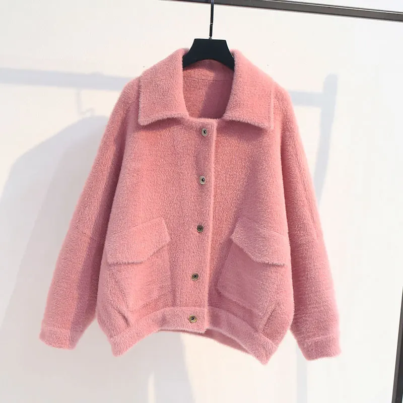 pink Korobov корейские однотонные однобортные женские пальто с длинным рукавом, зимние мохеровые теплые куртки с карманами, Chaqueta Mujer 79181 - Цвет: pink