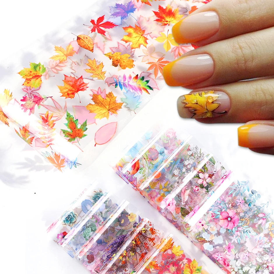 10pcs Leaves Fall Nail Art Foils Maple Flower Sticker On Nails 3d Adhesive Nail Decals Wraps Acrylic Set Manicure Decor Gl19132 Stickers Decals Aliexpress