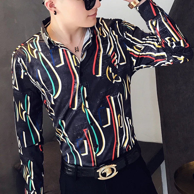 Модные корейские мужские рубашки с длинным рукавом и принтом, мужская приталенная Повседневная блуза Homme 3XL, осенняя одежда с индивидуальным принтом, мужская рубашка