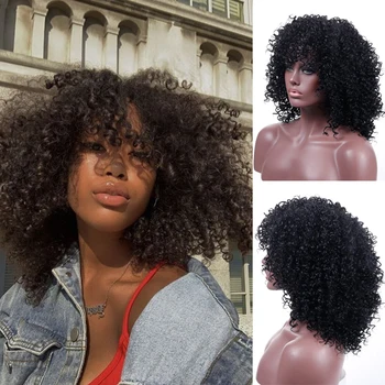 

AILIADE African Woman With Curly Hair Curly Wig And Bangs Synthetic Wig Solid Color Red And Black Wig