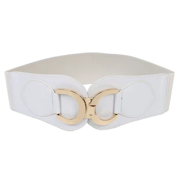 

Gold Tone Dual D Ring Buckle Off White Wide Elastic Belt For Women