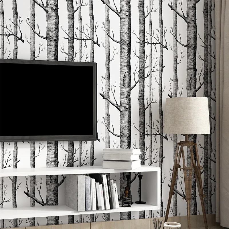 

Tree White Wood Forest Black Texture 3d Embossed Flocking Non-woven Wallpaper Wallcovering Living Room Tv Background Home Decor