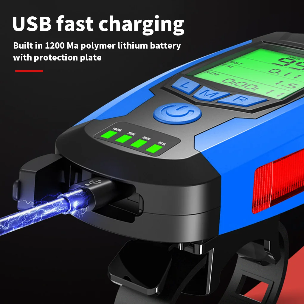 3 in 1 USB Bike Front Light 5 LED Bicycle Computer Horn Bicycle Flashlight IPX4 Waterproof Odometer Computer Speedometer