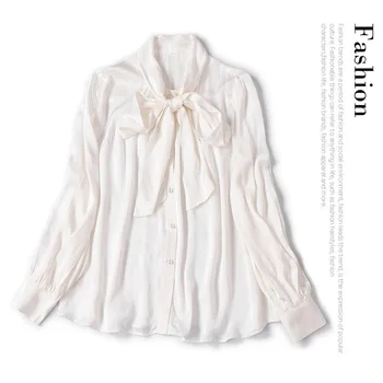 

New collar lace bowknot is pure color single pearl clasp relaxed joker lantern sleeve shirt jacket
