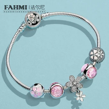 

2020 100% 925 Sterling Silver MAGNOLIA POETIC BLOOMS FIXED CLIP Pink Radiant Droplet Dazzling Daisy Duo Charm Bracelet Set