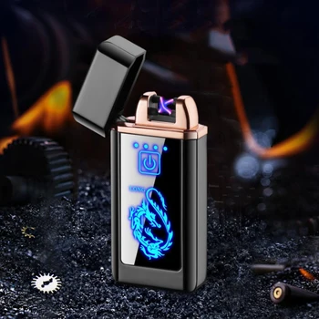 

Zinc Alloy Touch Sensor Double Arc Electric Lighter LED Blue Light Pattern Custom Gift USB Rechargeable Lighter Dropship Supplie