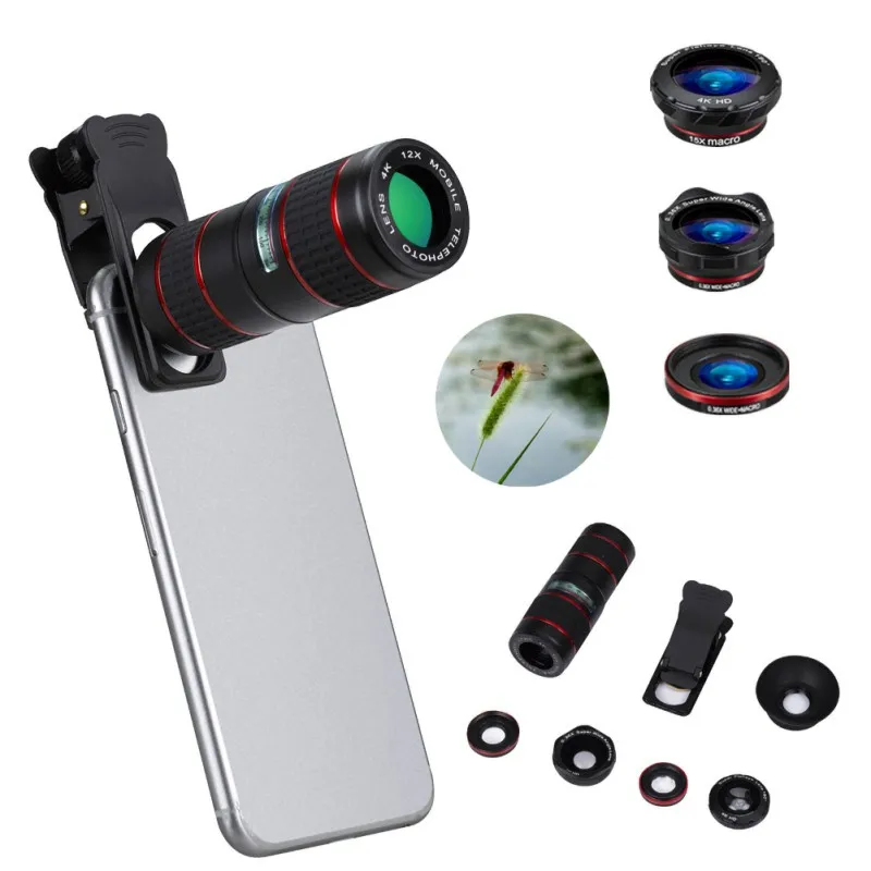 

5pcs Cell Phone Camera Lens Kit 12X Adjustable Telephoto Lens Wide Micro-Angle Fisheye Lenses For iOS Android Phone