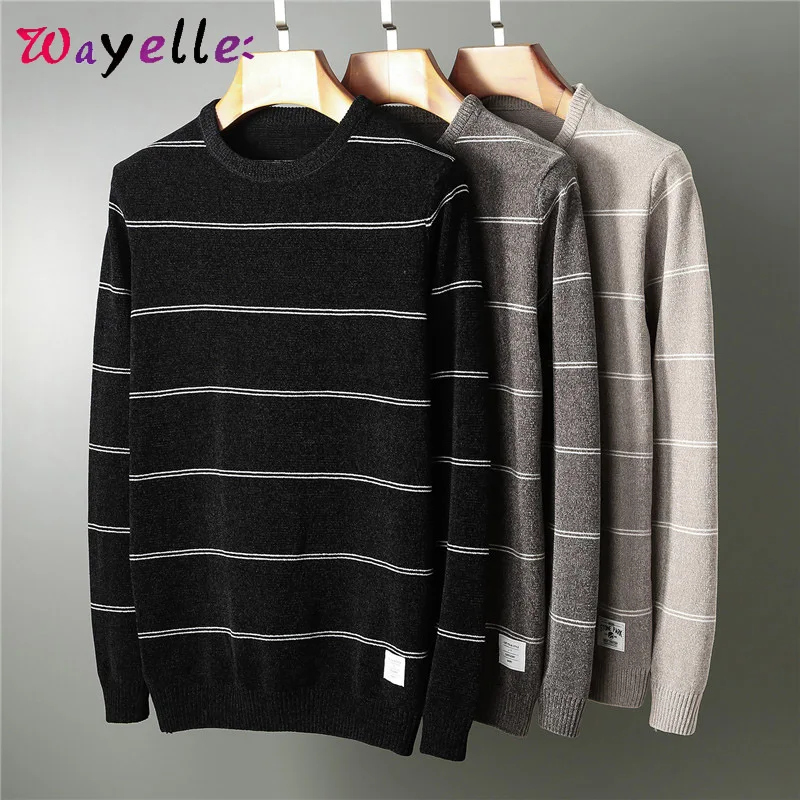 Men Winter Sweater Pullovers O-Neck Knitted Men Sweaters 2019 Business Casual Stripe Knitted Sweaters Men Plus Size Sweater