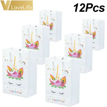 

12pcs/lot Unicorn Tote Bags Paper Happy Birthday Party Flower Gifts Candy Box Decoration For Baby School Party Supplies Favors