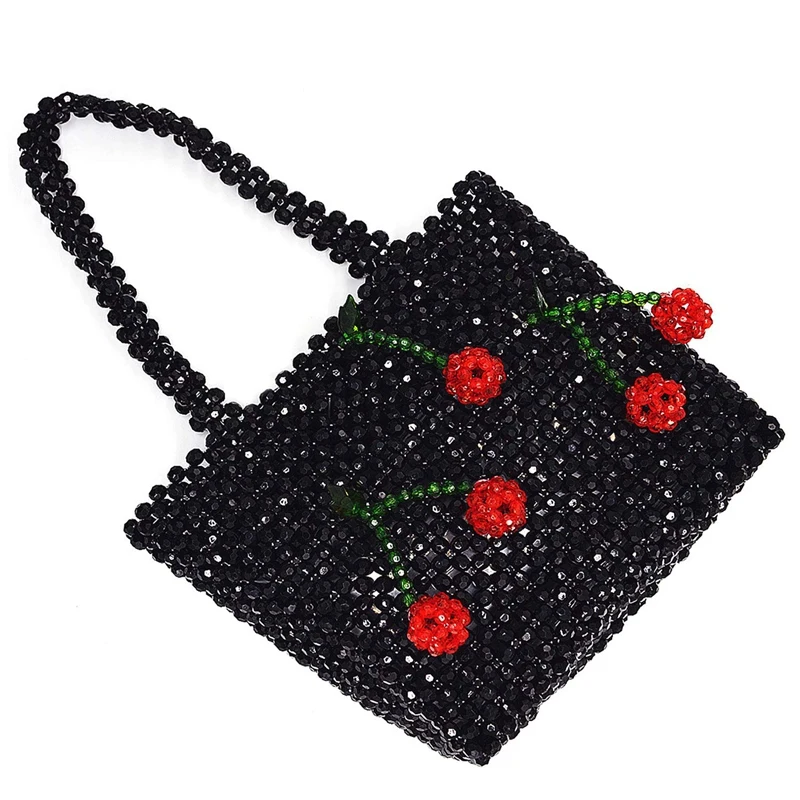 

Women Handmade Handbag Beaded Weave Acrylic Cherry Clutch Bag(Black)