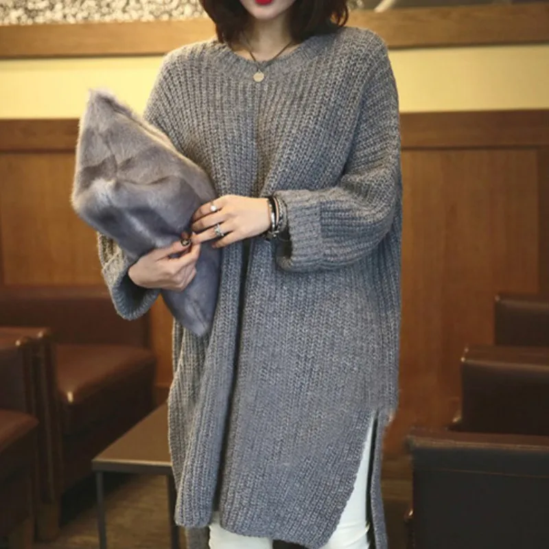 

Women Autumn&Winter Casual Wild Knitted Sweater Solid Color Round Neck Long Sleeve Slim Long Sweater
