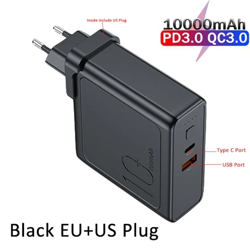 ROCK 10000mah power Bank с вилкой EU US 3A type-C и USBOutput power bank PD3.0+ QC3.0 быстрое зарядное устройство для iPhone samsung huawei - Цвет: EU Plug