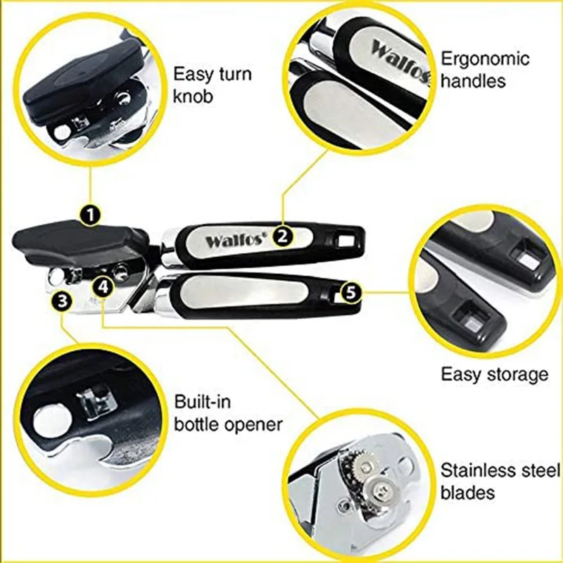 WALFOS High Quality Stainless Steel Cans Opener Professional Ergonomic Manual Can Opener Side Cut Manual Can Opener