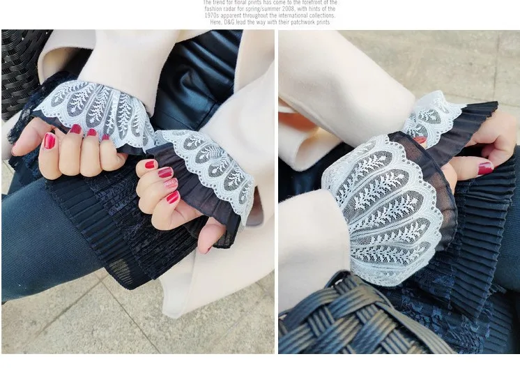Sparsil для женщин девочек поддельные расклешенные рукава цветочные кружева плиссированные с рюшами Ложные манжеты свитер митенки с пуговицами из искусственного жемчуга