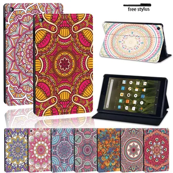 

Mandala Folio Leather Stand Cover Case for Amazon Fire 7/HD 8/HD 10 with Alexa Tablet Shockproof Wearable Protective Case
