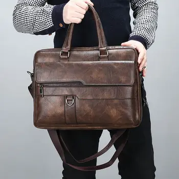 

New Retro Men Solid Color Bag Faux Leather Briefcase Large Capacity Tote Shoulder Bag Large Casual Business Laptop Briefcase