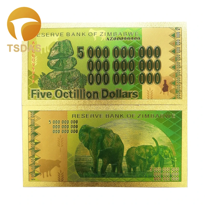 

Zimbabwe Banknotes Five Octillion Dollars Gold Banknotes 10pcs/lot Gold Foil Banknotes Collection and Business Gift