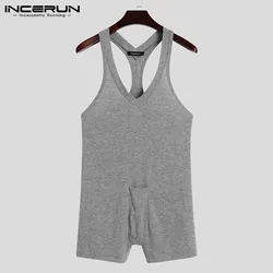 Men Pajamas Rompers Solid Fitness Sleeveless Tank Tops Bodysuit Homewear Leisure Cozy V Neck Jumpsuits Mens Sleepwear INCERUN