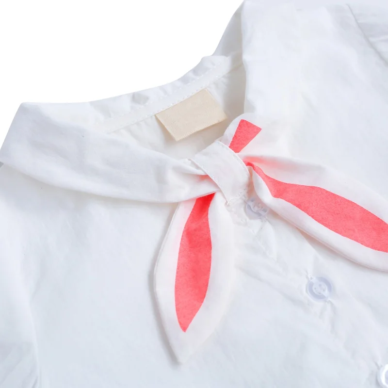 На весну для маленьких девочек, рубашка сплошной Цвет «Гладиатор» с ремешками; футболка для маленьких девочек с длинным рукавом, с изображением кроликов, с ушки с бантом Рубашка с галстуком Детская одежда