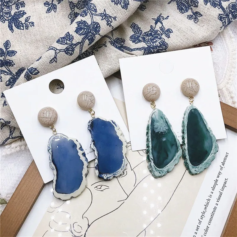16Vintage Blue Pink Stone Resin Earrings Big Long Drop Earrings For Women Statement Jewelry Pendientes Mujer Moda 2019 Ohrringe