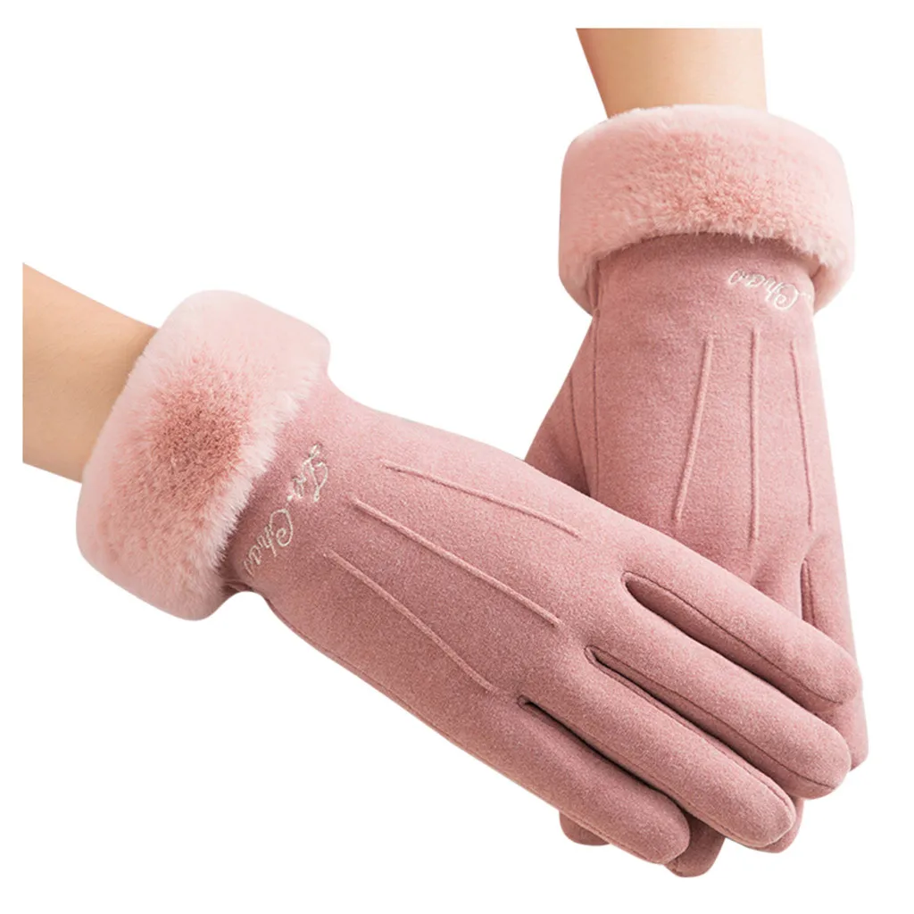 Pink Элегантные женские теплые перчатки, зимние мягкие шерстяные перчатки, полный палец, черные варежки, повседневные, для вождения, верховой езды, лыжные перчатки, ручная работа, Новинка - Color: Pink
