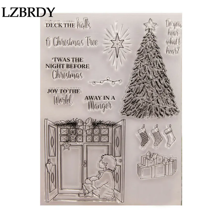 

2019 New Christmas Tree Socks Gift Box Boy on Windows Clear Stamps for Scrapbooking Card Making Christmas Rubber Stamps