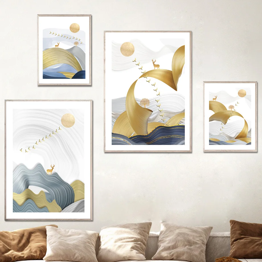 Carteles nórdicos abstractos de ciervo dorado, Luna, Ola, montaña, ganso salvaje, impresiones artísticas lienzo, imágenes pared, decoración para sala de estar|Pintura y caligrafía| - AliExpress