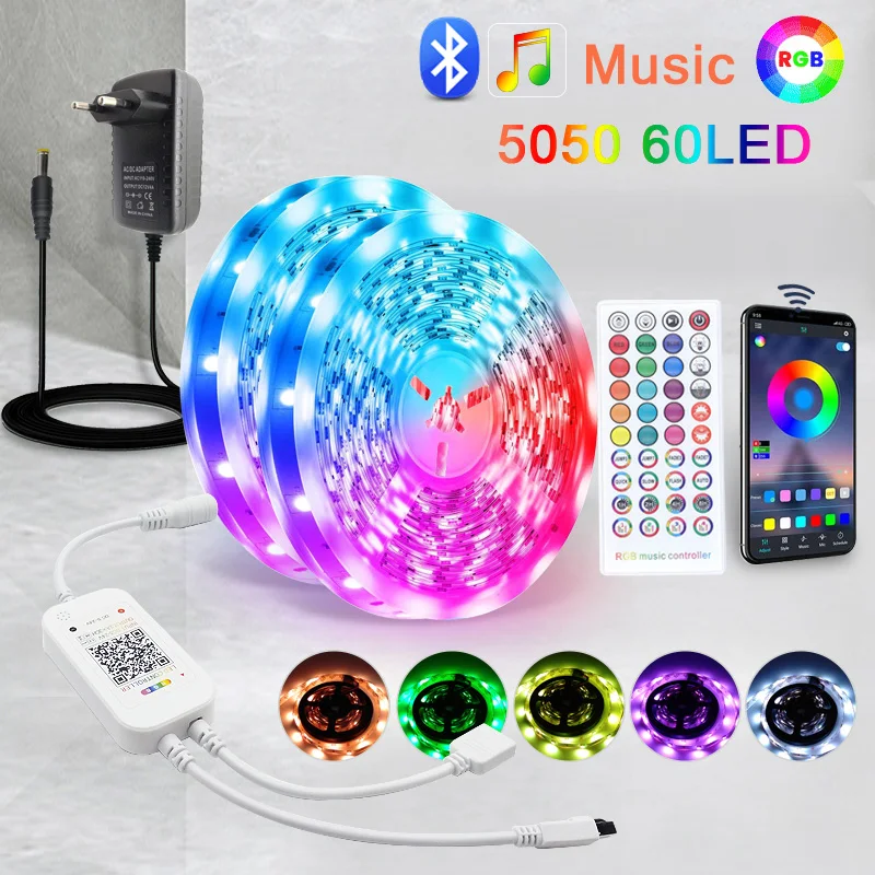 Bluetooth Musique 5M 10M 15M LED Bande Lumineuse RVB 60LED 5050 SMD Ruban Flexible luces lumière led bande 12V POUR chambre Décoration De La Maison