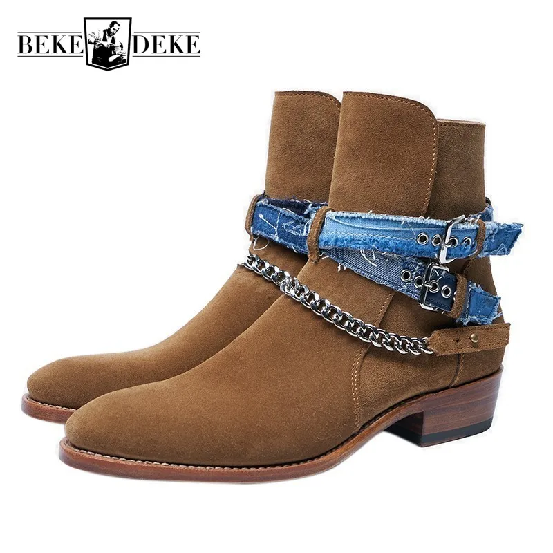 

British Style Men Cow Suede Chelsea Boots Pointed Toe Chain Cowboy Ankle Boots Designer Slip On Thick Heel Work Boots Shoes