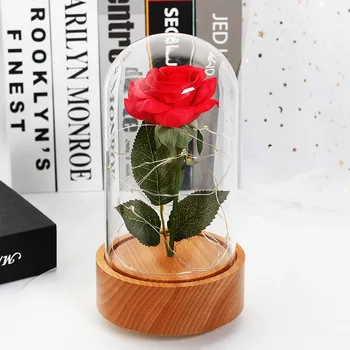

LED Light Automatic Rotating Beech Base Eternal Rose Flower Glass Cover Sky City Music Box Mother's Valentine's Day Gift