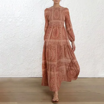 

HAMALIEL Designer Runway Women Holiday Maxi Dress Autumn Spring Printing Chiffon Lantern Sleeve Orange Party Vintage Long Dress