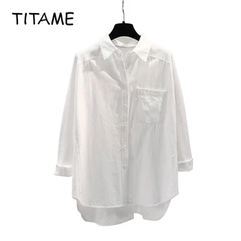 

TITAME Cotton Shirt Women Spring Pocket Simple Blouse Female Lapel Loose Shirts Blouses Long Sleeve Solid Color Plus Size Tops