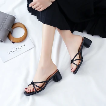 

2020 Summer Black White Women Sandals 6CM Block Chunky High Heels Mules Femme Shoes 11813AJS2216