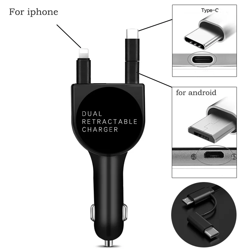 

3.1A 3-in-1 Single Pull Retractable Car Charger QC3.0 Quick Charge Adapter Car Cigarette Lighter For iphone android Type-C port