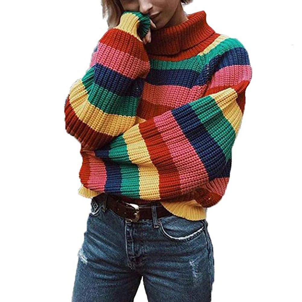 Charming Winter Autumn Women Sweater Rainbow Striped Spring Pullover Soft Loose Comfortable Party Long Sleeves Turtleneck Casual | Женская