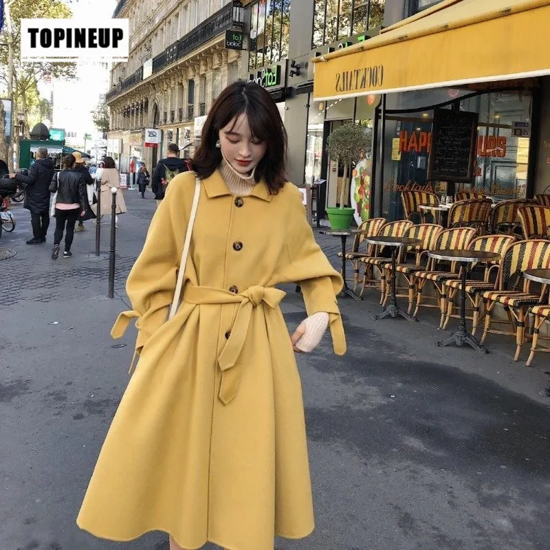 New Autumn and Winter Turn Down Collar Single-Breasted Long Women double-sided wool Solid color with belt coat Coat