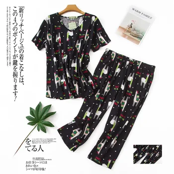 

Comfortable Female Casual Cartoon pajama sets Women Short sleeve Round Collar t Shirt + Pants Ladies 100% Cotton sleepwear suit