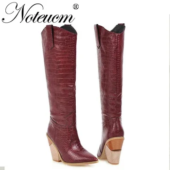 

2019 white black yellow pu leather female knee high heel long winter wedges shoes cowboy western cowgirl snake print boots women