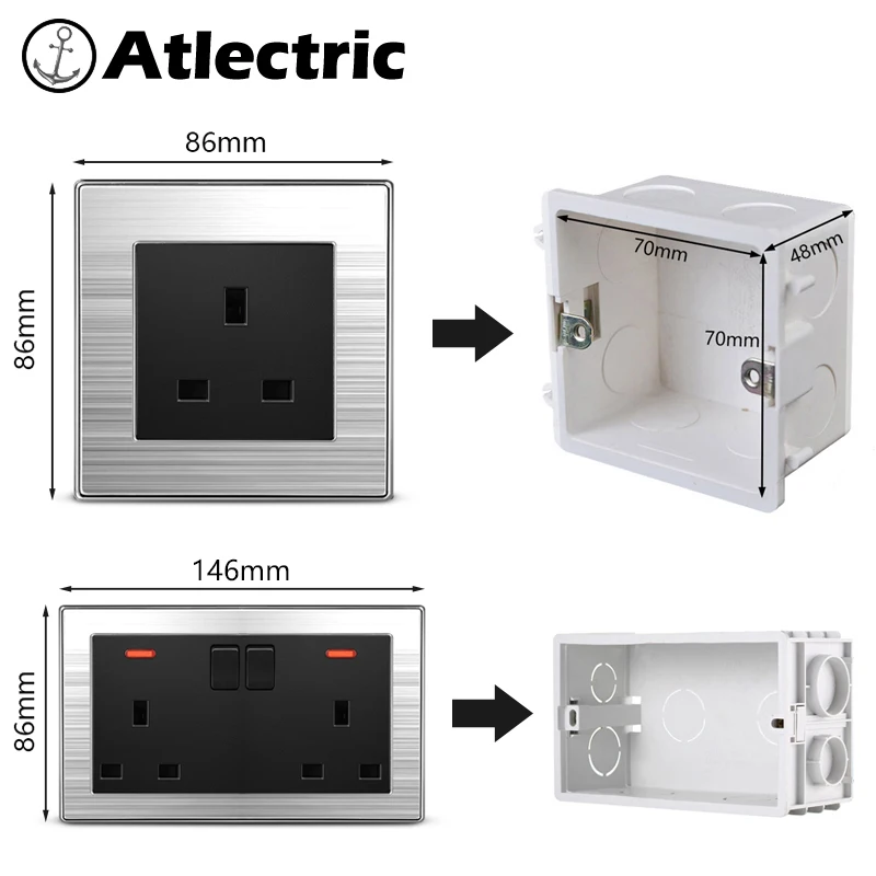 Atlectric штепсельная розетка стандарта Великобритании двойной разъем 13A Мощность Розетки переключатель управления розетка светодиодный индикатор из нержавеющей стали 146 мм* 86 мм