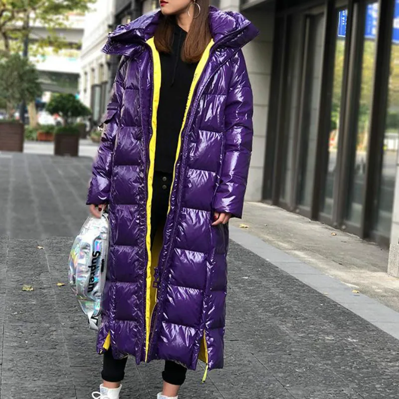 Модная женская пуховая хлопковая куртка зимняя Глянцевая теплая парка X-long с
