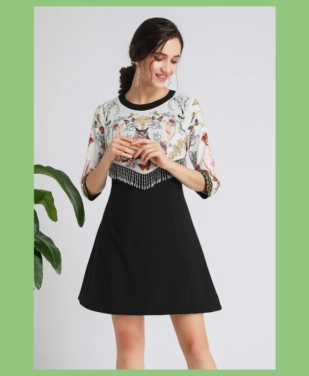 Модное новое осеннее платье moda feminina vestido de festa, рукав семь четвертей, шарф с принтом, украшенное бисером, кисточками, Черное мини-платье