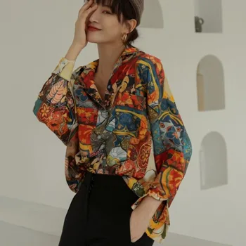 

Korea Sunflower Vintage Blouse Loose Floral Top Painting Long Sleeve Blouse Button Down Shirt For Women Fall Z077