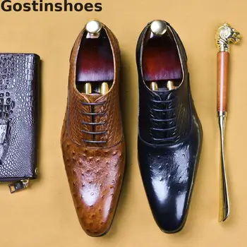 

Men Shoes Leather Black Brown Oxfords Genuine Leather Ostrich Skin Printed Hand Woven Leather Dress Shoes Lace-up Pointed Toe