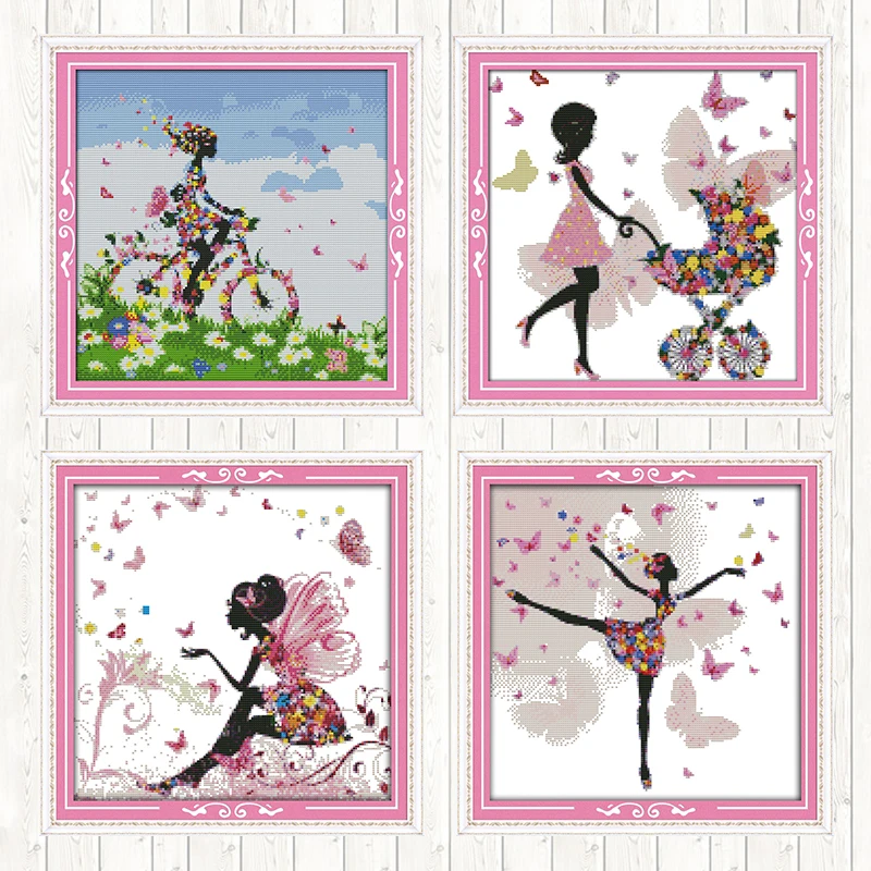 

Flower Fairy Cross-stitch Patterns 14ct Printed on Canvas Counted Embroidery Kit Aida Fabric DMC DIY Needlework Kits Home Decor